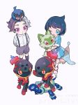  1boy 1girl aged_down amethio_(pokemon) black_hair blue_eyes blue_hair blush charcadet closed_mouth cowlick curly_hair dress eyelashes fangs hair_ornament hatenna highres holding liko_(pokemon) mayona_(mayona1poke) multicolored_hair one_eye_closed open_mouth pokemon pokemon_(anime) pokemon_(creature) pokemon_horizons purple_eyes red_eyes shirt short_hair shorts smile sprigatito terapagos terapagos_(normal) white_shirt 