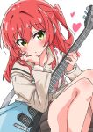  1girl black_skirt bocchi_the_rock! brown_shirt electric_guitar green_eyes guitar guitar_strap heart highres holding holding_guitar holding_instrument instrument kita_ikuyo long_hair looking_at_viewer red_hair school_uniform shinshin_(ssnsn_oekaki) shirt skirt thighs 