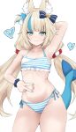  1girl :3 absurdres ahoge aidoruhakase animal_ear_fluff animal_ears arm_behind_head arm_up armpits bikini blonde_hair blue_bikini blue_bow blue_eyes blue_hair blunt_bangs bow cat_ears closed_eyes closed_mouth commentary cowboy_shot denim english_commentary fang fins fish_girl fish_tail flat_chest frilled_bikini frills hair_bow highleg highleg_bikini highres indie_virtual_youtuber lifebuoy_hair_ornament long_hair looking_at_viewer low_twintails multicolored_hair navel one_side_up sameko_saba scrunchie side-tie_bikini_bottom simple_background skin_fang sleeveless solo spread_navel stomach streaked_hair striped_bikini striped_clothes swimsuit tail twintails v very_long_hair virtual_youtuber white_background wrist_scrunchie 
