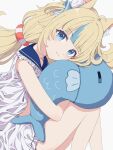  1girl :3 absurdres animal_ear_fluff animal_ears blonde_hair blue_eyes blue_hair blush buch cat_ears fang hair_ornament highres holding holding_stuffed_toy holding_toy indie_virtual_youtuber long_hair looking_at_viewer multicolored_hair sameko_saba sameko_saba_(fish) simple_background sitting solo streaked_hair stuffed_animal stuffed_toy toy virtual_youtuber white_background 