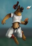 anthro artist_name ball barefoot baseball_(ball) bottomwear brown_eyes bulge canid canine canis clothed clothing domestic_dog feet front_view fur glistening glistening_eyes hi_res jumping male male_anthro mammal navel open_mouth orange_body orange_fur pants satanic_monkey solo text topwear url white_bottomwear white_clothing white_pants white_topwear