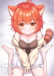  1girl absurdres ahoge animal_ear_fluff animal_ear_piercing animal_ears barefoot blush breasts cleavage ear_piercing fang feet highres matcha_november medium_breasts nijisanji orange_eyes orange_hair piercing raccoon_tail ratna_petit red_panda_girl red_panda_tail sitting skin_fang striped_tail tail virtual_youtuber wariza 