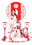  2girls animal_ears aura black_hair commentary_request fox_ears fox_mask fox_shadow_puppet full_body holding holding_mask holding_skull hood japanese_clothes kimono lantern long_hair looking_at_viewer mask multiple_girls original red_eyes short_hair sitting skull uchikake very_long_hair white_kimono yamada_satoshi 