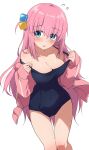  1girl aqua_eyes blue_one-piece_swimsuit blush bocchi_the_rock! breasts cube_hair_ornament eniraka fanged_bangs gotoh_hitori hair_between_eyes hair_ornament highres jacket large_breasts long_hair long_sleeves one-piece_swimsuit one_side_up open_clothes open_jacket open_mouth pink_hair pink_jacket school_swimsuit simple_background solo swimsuit thighs track_jacket white_background 