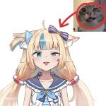  1girl absurdres ahoge animal_ear_fluff animal_ears blonde_hair blue_bow blue_eyes blue_hair bow cat_ears dress fang hair_bow hashtag-only_commentary highres indie_virtual_youtuber lifebuoy_hair_ornament linhcoris long_hair low_twintails meme multicolored_hair one_side_up open_mouth photo-referenced rigby_the_cat_(meme) sameko_saba skin_fang sleeveless sleeveless_dress solo tongue tongue_out twintails two-tone_hair very_long_hair virtual_youtuber white_dress 
