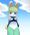 2025 absurd_res animal_crossing anthro belly blonde_hair blue_clothing blue_jacket blue_topwear blush blush_lines clothed clothing clothing_lift cloud cotton_tail countershading dipstick_ears ear_markings embarrassed fur hair hi_res jacket jacket_lift lagomorph leporid letterman_jacket looking_down male mammal multicolored_ears navel nintendo rabbit sasha_(animal_crossing) sky sky_background solo standing sum tail teal_body teal_fur topwear white_body white_fur yellow_body yellow_fur