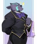 1boy absurdres afk_(series) afk_arena animal_ears arkadios_(afk) arm_behind_back black_coat black_pants bow bowtie butler closed_eyes closed_mouth coat commentary_request furry furry_male highres male_focus okn_369 panther_boy panther_ears pants purple_bow purple_bowtie shirt smile sparkle towel towel_on_arm white_shirt 