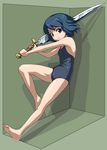  bad_id bad_pixiv_id barefoot blue_eyes blue_hair full_body new_school_swimsuit one-piece_swimsuit original rohitsuka school_swimsuit short_hair solo swimsuit sword weapon 