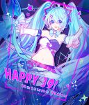  1girl 39 absurdres ahoge aqua_eyes aqua_hair black_thighhighs bow bowtie breasts character_name cleavage hair_between_eyes hair_ornament hatsune_miku highres holding holding_wand idol idol_clothes long_hair medium_breasts midriff miku_day muse_dash navel official_alternate_costume official_alternate_hairstyle open_mouth pink_nails smile solo star_(symbol) star_hair_ornament stomach strapless thighhighs tube_top twintails vocaloid wand white_tube_top yiluedale 