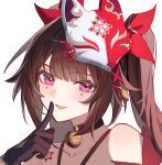  :d bare_shoulders bell black_gloves brown_hair butterfly-shaped_pupils collarbone commentary commission facial_mark finger_to_mouth fox_mask gloves highres honkai:_star_rail honkai_(series) jingle_bell long_hair looking_at_viewer mask mask_on_head neck_bell pink_eyes portrait shotgunman simple_background smile sparkle_(honkai:_star_rail) symbol-shaped_pupils twintails white_background 