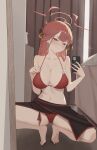 1girl absurdres aru_(blue_archive) bikini blue_archive blush breasts cleavage collarbone commentary demon_horns earrings gmi_(jimmyovob) halo hand_on_own_chest highres holding holding_phone hoop_earrings horns jewelry large_breasts long_hair looking_at_mirror looking_at_viewer mirror mirror_selfie nail_polish navel phone pink_nails red_bikini selfie smile solo spread_legs squatting stomach swimsuit tiptoes toenail_polish toenails yellow_eyes 