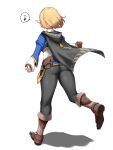  1girl ass black_cape black_pants blonde_hair blue_shirt boots brown_boots brown_gloves cape commentary_request fingerless_gloves fold-over_boots from_behind full_body girly_running gloves gold_trim highres hood hood_down musical_note pants pointy_ears princess_zelda running shadow shirt short_hair simple_background solo spoken_musical_note the_legend_of_zelda the_legend_of_zelda:_tears_of_the_kingdom tight_clothes tight_pants wasabi_(legemd) white_background 