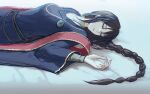  1girl bandaged_arm bandages bed_sheet black_hair blue_robe braid braided_ponytail closed_eyes closed_mouth commentary_request dot_7333 elden_ring english_commentary hair_between_eyes jewelry korean_commentary long_hair lying mixed-language_commentary on_back pendant robe shirt sidelocks sleeping solo sorceress_sellen white_shirt wide_sleeves 