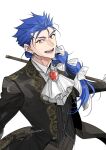  1boy ascot blue_hair braid braided_ponytail brooch cane collared_shirt cu_chulainn_(caster)_(fgo_fes._2025)_(fate) earrings emya fang fate/grand_order fate_(series) formal_clothes gem hair_over_shoulder hair_ribbon highres holding holding_cane jacket jewelry long_sleeves looking_at_viewer male_focus open_mouth red_eyes red_gemstone ribbon shirt simple_background single_braid smile solo suit upper_body white_ascot white_background 