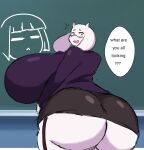 2022 2_horns alternate_version_at_source anthro big_breasts big_butt blush boss_monster_(undertale) bottomwear bovid breasts butt caprine chalkboard chara_(undertale) classroom clothed clothing curvy_figure digital_drawing_(artwork) digital_media_(artwork) embarrassed english_text eyewear female floppy_ears garter_straps glasses goat hi_res horn huge_breasts huge_butt huge_hips hyper hyper_breasts hyper_butt inside looking_at_viewer looking_back looking_back_at_viewer lop_ears mammal momijizx open_mouth pencil_skirt purple_eyes rear_view school skirt solo speech_bubble standing suit talking_to_viewer teacher text tight_bottomwear tight_clothing tight_skirt topwear toriel underbutt undersized_bottomwear undertale undertale_(series) wearing_glasses white_body wide_eyed wide_hips