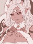  1girl bandeau body_markings breasts bridal_gauntlets choker circlet cleavage commentary_request dragon_quest dragon_quest_x fingernails greyscale hand_on_own_chest high_ponytail hijirino_yuuta horns long_fingernails looking_at_viewer luchenda_(dq10) monochrome parted_lips pointy_ears ponytail shoulder_spikes solo spikes upper_body 