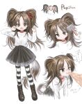  1girl absurdres animal_ears arikomen black_boots black_skirt boots bow brown_hair brushing_hair child closed_mouth dog_ears dog_girl dog_tail fangs hands_up highres long_hair long_sleeves miniskirt original pantyhose red_bow shirt simple_background skirt solo striped_clothes striped_pantyhose tail white_background white_shirt 