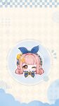  1girl absurdres argyle_background artist_request beret blue_bow blue_bowtie blue_brooch blush_stickers bow bowtie brooch brown_eyes bubbly_voyage_(infinity_nikki) circle eyelashes frilled_bowtie hair_intakes hair_ornament hair_rings hairclip happy hat hat_bow hat_ornament head_only highres infinity_nikki jewelry looking_at_viewer nikki_(nikki) nikki_(series) notice_lines official_art official_wallpaper one_eye_closed open_mouth outline pink_hair rabbit_hair_ornament second-party_source short_hair smile solo star_(symbol) star_hat_ornament tareme white_background white_hat white_outline 