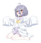  1girl :d absurdres ahoge barefoot black_choker bow buttons cat_hair_ornament choker double-parted_bangs hair_between_eyes hair_flaps hair_ornament hairpin henya_the_genius highres jacket long_bangs looking_at_viewer medium_hair open_mouth pleated_skirt purple_hair purple_skirt sailor_collar school_uniform serafuku shirt sidelocks sitting skirt sleeves_past_fingers sleeves_past_wrists smile solo ugaaaa1 virtual_youtuber vshojo white_background white_jacket white_shirt yellow_bow yellow_eyes 