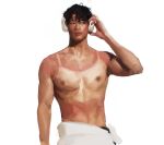  1boy abs black_eyes black_hair character_request clothes_around_waist cowboy_shot curtained_hair headphones heat_stroke_photoshoot_(meme) holding holding_headphones jacket jacket_around_waist macaronijail male_focus meme nipples omniscient_reader&#039;s_viewpoint pectorals short_hair side-eyed solo sunburn tan tanlines toned white_background 