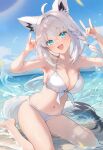  1girl absurdres ahoge animal_ear_fluff animal_ears beach bikini braid breasts cleavage commentary_request double_fox_shadow_puppet fox_ears fox_girl fox_shadow_puppet fox_tail green_eyes hair_between_eyes highres hololive long_hair looking_at_viewer medium_breasts navel ocean outdoors shirakami_fubuki sidelocks single_braid sitting solo swimsuit tail user_rdpf8387 virtual_youtuber wariza white_bikini white_hair 