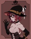  bare_shoulders breasts bustier candy candy_cane choker cleavage elbow_gloves food glasses gloves halloween hat highres kamezaemon large_breasts lollipop original red_eyes red_hair short_hair solo witch_hat 