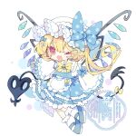  1girl :d absurdres alternate_color apron blonde_hair blue_bow blue_shoes blue_skirt blue_vest bobby_socks bow bowtie collared_shirt commentary_request fang flandre_scarlet frilled_shirt_collar frilled_skirt frills full_body grey_background hair_between_eyes hair_bow hat hat_bow highres laevatein_(touhou) long_hair long_sleeves looking_at_viewer mob_cap nikorashi-ka open_mouth outstretched_arm red_eyes shirt shoes skin_fang skirt smile socks solo touhou vest watermark white_apron white_bow white_hat white_shirt white_socks wide_sleeves wings yellow_bow yellow_bowtie 