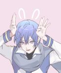  0qktb 1boy animal_ears arms_up black_shirt blue_eyes blue_scarf blue_trim coat collared_coat double-parted_bangs drawn_ears hair_behind_ear hair_between_eyes highres kaito_(vocaloid) looking_at_viewer lower_teeth_only male_focus open_collar open_mouth pink_background rabbit_ears scarf shirt short_hair simple_background sleeve_cuffs solo teeth upper_body vocaloid white_coat wing_collar 