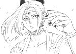  1boy bracer cape choker circlet collarbone commentary_request dragon_boy dragon_quest dragon_quest_x earrings floating_hair frown hijirino_yuuta horns jewelry long_hair looking_up male_focus monochrome monster_boy parted_hair pointy_ears robe scales slit_pupils solo sphere_earrings tobias_(dq10) upper_body 