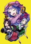  animal_ears black_hair bow collar crescent crescent_hair_ornament hair_bow hair_ornament hat imaizumi_kagerou konpaku_youmu multiple_girls one_eye_closed open_mouth patchouli_knowledge paw_pose purple_eyes purple_hair red_eyes silver_hair tail thupoppo touhou wolf_ears wolf_tail yellow_background yellow_eyes 