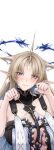 1girl absurdres animal_ear_fluff animal_ears black_collar blonde_hair blue_eyes blue_hair breasts cat_ears collar colored_inner_hair commentary crown_of_thorns earrings fleurdelys_(wuthering_waves) floating_earrings flustered hands_up highres horns huge_breasts jewelry kemonomimi_mode long_hair long_horns looking_at_viewer multicolored_hair necklace out_of_character parted_bangs parted_lips paw_pose pointy_ears sidelocks simple_background single_horn solo tacet_mark_(wuthering_waves) upper_body v-shaped_eyebrows west_(user_frmf8438) white_background wuthering_waves yellow_horns 
