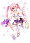  angelic_buster blue_eyes gloves gradient gradient_background horns kane-neko long_hair maplestory one_eye_closed pink_hair pleated_skirt skirt solo star thighhighs twintails wings 