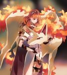  1girl absurdres armor armored_boots black_skirt black_thighhighs boots breastplate cape celica_(fire_emblem) choker commission commissioner_upload dress earrings fingerless_gloves fire fire_emblem fire_emblem_echoes:_shadows_of_valentia fusenryo gloves highres horse jewelry long_hair mane orange_eyes orange_hair petting pokemon princess rapidash red_eyes red_hair skeb_commission skirt thighhighs tiara unicorn unicorn_horn white_armor white_dress 