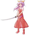  1girl alphes_(style) belt blush boots bracelet breasts buttons collared_shirt commentary_request dairi dress dress_shirt full_body hair_ribbon high_ponytail highres holding holding_sword holding_weapon jewelry katana large_variant_set legs_apart long_hair looking_at_viewer o-ring open_mouth parody platform_boots ponytail puffy_short_sleeves puffy_sleeves purple_belt purple_hair red_boots red_dress red_eyes ribbon shirt short_sleeves small_breasts solo standing style_parody sword tachi-e touhou transparent_background undershirt variant_set watatsuki_no_yorihime weapon white_shirt yellow_ribbon 