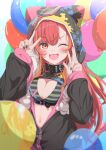  1girl absurdres animal_ear_hood balloon belt_collar black_collar black_nails blush breasts bule_blue_2 cleavage collar double_w fang goggles goggles_on_head highres hood hoodie long_hair looking_at_viewer multicolored_hair navel nekota_tsuna nekota_tsuna_(1st_costume) one_eye_closed open_clothes open_hoodie orange_eyes orange_hair red_hair skin_fang solo streaked_hair two-tone_hair virtual_youtuber vspo! w 