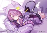  1girl animal_ears animal_hood armband baram bed_sheet black_skirt blurry blurry_background blush closed_mouth commentary_request commission day demon_girl demon_tail demon_wings depth_of_field fake_animal_ears frilled_skirt frills hood hood_up hooded_jacket indie_virtual_youtuber indoors jacket legs_up long_hair long_sleeves lying mini_wings on_stomach pillow puffy_long_sleeves puffy_sleeves purple_eyes purple_hair purple_jacket purple_shirt purple_wings remyle_(vtuber) shirt skeb_commission skirt sleeves_past_fingers sleeves_past_wrists smile socks solo sunglasses tail twitter_username virtual_youtuber white_socks window wings 