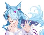  1girl :d absurdres animal_ears aqua_eyes blue_hair breasts cleavage elira_pendora elira_pendora_(1st_costume) english_commentary fangs hair_over_one_eye highres horse_ears horse_girl horse_tail ive_(iveith) long_hair mole mole_on_armpit nijisanji nijisanji_en simple_background single_off_shoulder smile solo tail virtual_youtuber waving white_background 