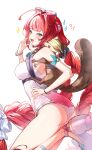  !? 1girl absurdres ahoge animal_on_back blush eyewear_on_head green_eyes hair_intakes high_heels highleg highleg_one-piece_swimsuit highres kkopoli long_hair official_alternate_costume one-piece_swimsuit panties pink_one-piece_swimsuit raccoon smile sweatdrop swimsuit twintails ukinami_yuzuha ukinami_yuzuha_(tanuki_in_broad_daylight) underwear white_panties zenless_zone_zero 