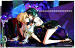  2girls absurdres artist_name astra_yao black_dress black_pants black_shoes blonde_hair braid braided_bun commentary dress evelyn_chevalier eye_contact green_hair hair_bun high_heels highres long_hair looking_at_another multiple_girls pants parted_lips purple_eyes red_eyes shirt shoes sleeveless sleeveless_shirt smile straddling white_shirt yuri zahauku zenless_zone_zero 