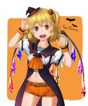  alternate_costume ascot bat belt blonde_hair brooch commentary_request cowboy_shot fangs flandre_scarlet hair_ornament halloween halloween_costume hat highres jack-o'-lantern jack-o'-lantern_hair_ornament jewelry kitano_(kitanosnowwhite) mini_hat mini_witch_hat nail_polish open_mouth puffy_short_sleeves puffy_sleeves red_eyes shirt short_sleeves shorts side_ponytail slit_pupils smile solo tailcoat thighs touhou wings witch_hat wrist_cuffs yellow_nails 
