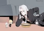 3boys aged_down belt black_belt black_coat black_gloves black_pants black_shoes black_vest blonde_hair blue_eyes bowl character_name chest_strap chibi chinese_commentary cloud_strife coat commentary_request couch day diaper elbow_rest final_fantasy final_fantasy_vii final_fantasy_vii_remake gloves green_eyes grey_hair hair_intakes head_on_hand highres holding_hands indoors long_bangs long_coat long_hair long_sleeves looking_at_another looking_down male_focus milk multiple_belts multiple_boys multiple_persona no_armor pants parody parted_bangs sephiroth sephiroth_(ever_crisis) shoes short_hair size_difference slit_pupils smile sneaking spiked_hair tom_and_jerry topless_male twitter_username vest waist_cape walking zi_(murasaki0615) 
