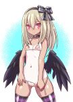  bikini black_hairband black_ribbon black_wings blonde_hair cameltoe clothing_aside dark_feather_alma embarrassed emil_chronicle_online hairband highres looking_at_viewer navel nipples purple_thighhighs raised_inner_eyebrows red_eyes ribbon see-through_bikini see-through_clothes serizawa_(knight2020) striped_clothes striped_thighhighs swimsuit swimsuit_aside tan tanlines thighhighs wings 