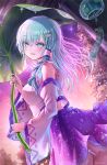  1girl bare_shoulders blue_skirt blush breasts collared_shirt detached_sleeves frog_hair_ornament from_side green_eyes green_hair hair_intakes hair_ornament hair_tubes highres kochiya_sanae large_breasts leaf_umbrella long_hair long_sleeves looking_at_viewer midriff open_mouth outdoors patterned_clothing petticoat print_skirt ribbon-trimmed_shirt ribbon_trim rouge_(my_rouge) shirt single_hair_tube single_sidelock skirt skirt_set sky smile snake_hair_ornament solo star_(sky) teeth touhou tree twitter_username upper_body water_drop wide_sleeves wind_chime 