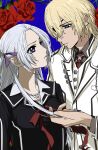 1boy 1girl amikoiiko bead_necklace beads black_jacket blazer blonde_hair blue_eyes breast_pocket brown_shirt closed_mouth commentary_request cosplay cross_academy_school_uniform cross_yuki cross_yuki_(cosplay) dimitri_alexandre_blaiddyd dress_shirt edelgard_von_hresvelg eye_contact eyepatch facing_to_the_side fingernails fire_emblem fire_emblem:_three_houses floral_border flower hair_between_eyes hair_ribbon highres hino_matsuri_(style) holding_another&#039;s_hair jacket jewelry kuran_kaname kuran_kaname_(cosplay) lapels long_hair long_sleeves looking_at_another medium_hair mismatched_eyebrows neck_ribbon necklace necktie notched_lapels outside_border pocket purple_eyes purple_ribbon red_flower red_necktie red_ribbon red_rose ribbon rose rose_pin school_uniform shirt simple_background sternocleidomastoid_muscle teeth upper_body vampire_knight vest waistcoat white_flower white_hair white_jacket white_rose white_shirt white_vest 