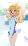  :d aikatsu! aikatsu!_(series) armpits blonde_hair competition_swimsuit covered_navel highres hoshimiya_ichigo long_hair looking_at_viewer makacoon one-piece_swimsuit open_mouth ponytail red_eyes smile solo swimsuit 