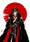  1girl coat commentary_request gloves grimace hat highres katana limited_palette long_hair looking_at_viewer military_uniform original peaked_cap short_eyebrows solo sword weapon yamada_satoshi 