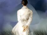  1boy arms_behind_back black_hair blue_sky coat cowboy_shot from_behind grass holding_own_hand kim_dokja macaronijail male_focus omniscient_reader&#039;s_viewpoint short_hair sky solo white_coat 