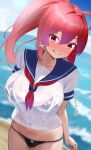  1girl ahoge alternate_costume bikini black_bikini blue_sailor_collar blush breasts cowboy_shot dorachan_r hair_ribbon highres i-168_(kancolle) kantai_collection large_breasts long_hair looking_at_viewer neckerchief ponytail red_eyes red_hair red_neckerchief ribbon sailor_collar see-through_clothes see-through_shirt shirt short_sleeves smile solo swimsuit swimsuit_under_clothes twitter_username wet wet_clothes wet_shirt 