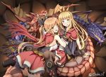  :d arm_support bangs between_thighs black_bow black_legwear blonde_hair blush boots bow bracelet brown_hair cagliostro_(granblue_fantasy) cape clarisse_(granblue_fantasy) dragon gloves granblue_fantasy hair_bow hair_ornament hairband highres jewelry leaning_back leaning_forward long_hair looking_at_viewer multiple_girls open_mouth orange_hair ponytail shake_(ferit3) sitting skirt sleeveless smile thighhighs tiara v very_long_hair 