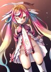  1girl absurdres ass_visible_through_thighs blonde_hair blue_hair breasts brown_eyes character_request copyright_request dress fang gradient_hair groin halo highres long_hair multicolored_hair navel no_panties open_mouth pink_hair ray_peng revision skin_fang small_breasts solo twintails very_long_hair virtual_youtuber 